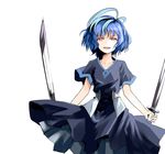  absurdres ahoge black_bullet blue_hair dress dual_wielding glowing glowing_eyes highres hiruko_kohina holding karadborg multicolored_hair open_mouth red_eyes short_hair short_sleeves smile solo sword weapon white_background 