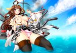  ahoge bare_shoulders black_legwear blush boots breasts brown_hair cannon cloud day detached_sleeves double_bun headgear itachou japanese_clothes kantai_collection kongou_(kantai_collection) large_breasts long_hair mecha_musume nipples open_clothes open_mouth panties pink_panties purple_eyes sky solo thigh_boots thighhighs underwear wading water 