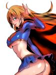  ahoge ass bad_id bad_twitter_id blonde_hair blue_eyes breasts cape commentary_request crop_top dc_comics highres katou_teppei large_breasts long_hair looking_to_the_side midriff miniskirt panties pantyshot shiny shiny_skin skirt skirt_lift solo supergirl twisted_torso underboob underwear waving 