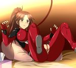  1girl anus ass bed blush bodysuit breasts brown_eyes brown_hair censored erect_nipples guilty_crown highres large_breasts legs long_hair looking_away lying pillow ponytail pussy shinomiya_ayase simple_background solo spec_(artist) spread_legs thighs torn_clothes 