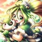  bag bird duel_monster fingerless_gloves gloves green_eyes green_hair hair_ornament leaf long_hair miesa orange_hair pilica_descendant_of_gusto spiritual_beast_rampengu yuu-gi-ou 