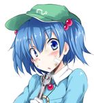  bandaid blue_eyes blue_hair blush chata_maru_(irori_sabou) ear_blush hair_bobbles hair_ornament hat highres kawashiro_nitori solo soot sweatdrop touhou two_side_up wrench 