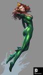  back bodysuit breasts cleavage copyright_name crown curly_hair dc_comics earrings green_bodysuit green_eyes grey_background highres jewelry large_breasts long_hair mera_(dc) red_hair scales simple_background solo stanley_lau 