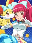  awa blush bow breasts dress elbow_gloves elle_(pokemon) fennekin glove gloves pink_hair pokemon pokemon_(anime) pokemon_(game) pokemon_xy red_eyes star translation_request 