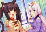  animal_ears bangs black_hair blue_eyes blunt_bangs blush bowl brown_eyes cat_ears cat_tail chocola_(sayori) chopsticks eating flower food highres multiple_girls nekopara open_mouth pink_hair ribbon sayori scan tail twintails vanilla_(sayori) 