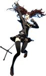  brown_eyes brown_hair earrings full_body highres jewelry kujikawa_rise microphone official_art open_mouth persona persona_4 persona_4:_the_ultimate_in_mayonaka_arena persona_4:_the_ultimax_ultra_suplex_hold school_uniform skirt soejima_shigenori solo thighhighs transparent_background 