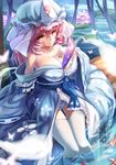  bad_id bad_pixiv_id bare_shoulders between_breasts breasts cleavage fan fish flower hat highres japanese_clothes kamisa kimono large_breasts lily_pad looking_at_viewer orange_eyes pink_hair saigyouji_yuyuko short_hair smile solo thighhighs touhou water white_legwear 