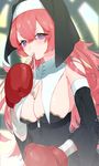  bad_id bad_pixiv_id banned_artist boxing_gloves breasts cleavage habit highres large_breasts long_hair mouth_hold nun original pink_hair purple_eyes solo yuzuha 
