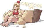  bikini blonde_hair blue_eyes breasts cheesecake cherry cleavage commentary english feet food food_on_head fruit long_hair mary_cagle object_on_head original red_bikini sitting solo swimsuit too_literal 
