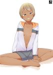  1girl barefoot blonde_hair blush breasts dark_skin feet female grin jacket open_clothes original satsuyo short_hair shorts simple_background small_breasts smile solo toes tomboy white_background 