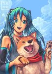  commentary completion_time detached_sleeves dog green_eyes green_hair happy hatsune_miku heart heart-shaped_pupils long_hair open_mouth ryu_shou shiba_inu smile symbol-shaped_pupils twintails vocaloid 