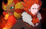  blue_eyes facial_hair fire fleur-de-lis_(pokemon) green_eyes jacket pokemon pyroar red_hair 