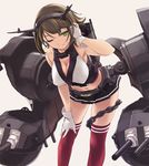  adjusting_hair bare_shoulders blush breasts brown_hair cleavage gloves green_eyes hairband headgear kantai_collection large_breasts leaning_forward looking_at_viewer midriff miniskirt mutsu_(kantai_collection) navel one_eye_closed rokuwata_tomoe short_hair skirt solo thighhighs zettai_ryouiki 