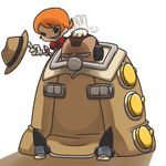  1boy 1girl balding big_band brown_hair cyborg female gloves grin hat male mechanical_arms orange_hair patting_head peacock_(skullgirls) red_eyes short_hair sitting skullgirls smile trench_coat trenchcoat zawawa 