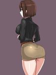  ass belt blush breasts brown_eyes brown_hair hyuuga_(kantai_collection) kantai_collection large_breasts miniskirt pantylines pencil_skirt ribbed_sweater short_hair simple_background skirt smile solo striped sweater turtleneck ulrich_(tagaragakuin) vertical_stripes 