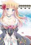  animal_ears beatrice blonde_hair blue_eyes bow breasts cat_ears choker cleavage dress flower hair_down hair_flower hair_ornament kemonomimi_mode kuriyuzu_kuryuu large_breasts petals pink_bow rose smile umineko_no_naku_koro_ni 