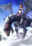  1girl armor bikini_armor breasts brown_eyes brown_hair cloud day dragon dragon_riding goomrrat highres long_hair medium_breasts midriff navel original polearm sky smile solo spear weapon 