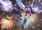  aerial_battle alternate_costume amputee android angel_wings battle blue_hair breasts broken commentary damaged dogfight dual_wielding energy_cannon english_commentary explosion forehead_protector headgear holding huge_weapon kos-mos long_hair medium_breasts red_eyes ryu_shou science_fiction solo_focus space space_craft thighhighs valkyrie weapon wings xenosaga 