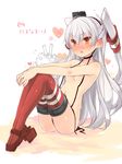  amatsukaze_(kantai_collection) areolae black_panties blush breasts ear_blush garter_straps kantai_collection long_hair looking_at_viewer panties red_eyes red_legwear rensouhou-kun shin_(new) side-tie_panties silver_hair small_breasts solo striped striped_legwear thighhighs translated two_side_up underwear underwear_only untied 