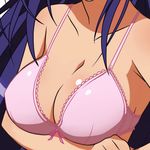  1girl :d ahoge blue_hair bra breasts cleavage clenched_hand close-up female highres kurokami_medaka large_breasts lingerie medaka_box open_mouth pink_bra pose posing simple_background smile underwear vector_trace white_background 