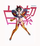  algosky black_hair blue_eyes boots breasts commentary elbow_gloves eyebrows fighting_stance gloves hairband kamui_(kill_la_kill) kill_la_kill medium_breasts parody puckered_lips revealing_clothes short_hair snow_white_(disney) snow_white_and_the_seven_dwarfs solo thick_eyebrows thigh_boots thighhighs underboob 