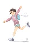  backpack bag black_hair open_mouth original running satsuyo shoes short_hair short_shorts shorts simple_background sneakers tomboy white_background 