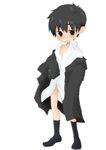  1boy black_eyes black_hair child male male_focus miwakunomeron open_clothes shota socks solo 