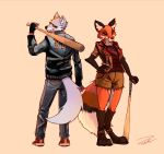  anthro baseball_bat bat_(object) butt_pose canine clothed clothing delinquent digitigrade dipstick_tail duo eyewear facial_markings female fox jacket leather male mammal markings multicolored_tail penta_the_cat plantigrade shorts smile standing sunglasses wolf 