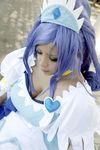  1girl asian blue_eyes blue_hair bracelet breasts choker chouzuki_maryou cleavage cosplay cure_diamond cure_diamond_(cosplay) dokidoki!_precure dress eyes_closed jewelry large_breasts long_hair magical_girl photo plump precure puffy_short_sleeves solo tiara 