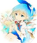  blue_eyes blue_hair bow cirno hair_bow ice ichizen_(o_tori) revision ribbon short_hair smile solo touhou wings 