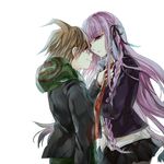  1girl adjusting_clothes adjusting_necktie braid brown_hair danganronpa danganronpa_1 dennbadennba0105 dressing_another gloves hood hoodie jacket kirigiri_kyouko naegi_makoto necktie purple_eyes purple_hair ribbon skirt 