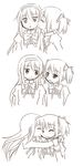  akemi_homura black_hair blush hairband hug kaname_madoka kiss long_hair luminous_(madoka_magica) mahou_shoujo_madoka_magica makoto_(dandelion) multiple_girls pink_hair school_uniform short_hair short_twintails simple_background twintails white_background yuri 