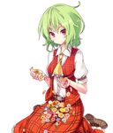  ascot belt belt_buckle buckle cupping_hands flower green_hair kazami_yuuka plaid plaid_skirt plaid_vest red_eyes shiroshi_(denpa_eshidan) short_hair simple_background sitting skirt smile solo touhou vest wariza white_background 