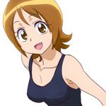  breasts brown_eyes brown_hair eyelashes happinesscharge_precure! looking_at_viewer manji_(tenketsu) medium_breasts one-piece_swimsuit oomori_yuuko open_mouth precure short_hair simple_background smile solo swimsuit white_background 