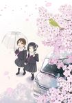  bad_id bad_pixiv_id black_hair blush car cherry_blossoms ground_vehicle hands_together highres long_hair motor_vehicle multiple_girls original petals school_uniform short_hair skirt smile taka_(tsmix) umbrella wind 