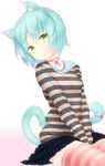  animal_ears blue_hair blush cat_ears cat_tail gradient gradient_background green_eyes long_sleeves original red_legwear shirt short_hair simple_background sitting skirt solo striped striped_legwear striped_shirt tail thighhighs v_arms zettai_ryouiki zizi_(zz22) 