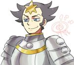  1boy armor black_hair blue_eyes gampi_(pokemon) klefki pokemon simple_background smile solo 