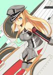  bad_id bad_pixiv_id bare_shoulders bismarck_(kantai_collection) blonde_hair blue_eyes breasts cccpo grey_legwear hat iron_cross kantai_collection large_breasts long_hair solo thighhighs 