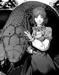  animal aritoki_ritsu frilled_sleeves frills greyscale monochrome oversized_animal short_hair smile snake touhou yasaka_kanako 