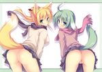  2girls :o absurdres ahoge animal_ears ass blonde_hair blue_eyes blush breasts dog_days dog_ears dog_tail eclair_martinozzi female fox_ears fox_tail green_eyes green_hair hair_ornament hair_stick highres large_breasts long_hair looking_at_viewer looking_back multiple_girls no_panties ponytail pussy scarf short_hair skirt skirt_lift smile tail tateha_(artist) thighs uncensored yukikaze_panettone 