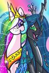  aurora-chiaro changeling crown duo equine eyeshadow fangs female friendship_is_magic gold green_eyes green_hair hair holes horn makeup mammal multi-colored_hair my_little_pony necklace open_mouth portrait princess_celestia_(mlp) purple_eyes queen_chrysalis_(mlp) slit_pupils sparkle sparkles winged_unicorn wings 