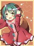  animal_ears bad_id bad_pixiv_id blush border dress fang green_eyes green_hair hands_in_hair heart heart_of_string kasodani_kyouko leaning_forward light_particles long_sleeves open_mouth outline red_background short_hair solo tail touhou uguisu_mochi_(ykss35) 