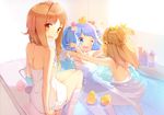  &gt;_&lt; :d ;d absurdres anmi bathing bathtub blue_eyes blue_hair brown_hair closed_eyes fantasista_doll highres katia_(fantasista_doll) looking_at_viewer multiple_girls naked_towel nude object_on_head one_eye_closed open_mouth rubber_duck scan shared_bathing siblings sisters smile towel twintails two_side_up uno_miko uno_uzume water 