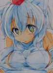  absurdres animal_ears bare_shoulders breast_press breasts colored_pencil_(medium) detached_sleeves face hat highres inubashiri_momiji kitazinger large_breasts solo tokin_hat touhou traditional_media wolf_ears yellow_eyes 