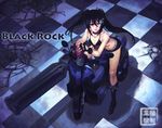  bikini_top black_hair black_rock_shooter black_rock_shooter_(character) blue_eyes boots burning_eye checkered checkered_floor fingerless_gloves flat_chest gloves ground_shatter ground_vehicle huge_weapon knee_boots long_hair motor_vehicle ryu_shou scar scooter short_shorts shorts sitting solo twintails uneven_twintails vespa weapon 