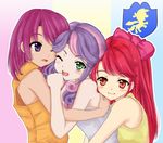  apple_bloom bangs bare_shoulders blush bow child curly_hair d-tomoyo_(thekingkas) ears emblem eyes_visible_through_hair green_eyes hair_bow hair_ornament hug large_bow long_hair looking_at_another looking_at_viewer multicolored_hair multiple_girls my_little_pony my_little_pony_friendship_is_magic one_eye_closed open_mouth personification pink_bow purple_hair red_eyes red_hair scootaloo short_hair smile sweetie_belle teeth 