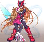 1girl android blonde_hair blue_eyes boots ciel_(rockman) energy_sword helmet highres knee_boots long_hair open_mouth pantyhose ponytail robot rockman rockman_zero sasaki_shou sword very_long_hair vest weapon zero_(rockman) 