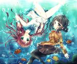  black_hair blue_eyes brown_hair dress fish folded_hair green_eyes hair_rings long_hair mukaido_manaka multiple_girls nagi_no_asukara pantyhose rito_(azusa) sailor_dress school_uniform serafuku shiodome_miuna twintails underwater upside-down 