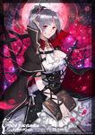  arm_belt book cape copyright_name dress earrings facial_tattoo frilled_dress frills hair_bun hair_ornament highres jewelry petals pixiv_fantasia pixiv_fantasia_fallen_kings pointy_ears red_eyes ryuuzaki_ichi silver_hair solo tattoo 