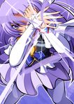 aokura_shou arm_warmers brooch cure_fortune happinesscharge_precure! highres hikawa_iona jewelry long_hair magical_girl necktie pantyhose precure purple_eyes purple_hair purple_legwear purple_skirt serious skirt solo 